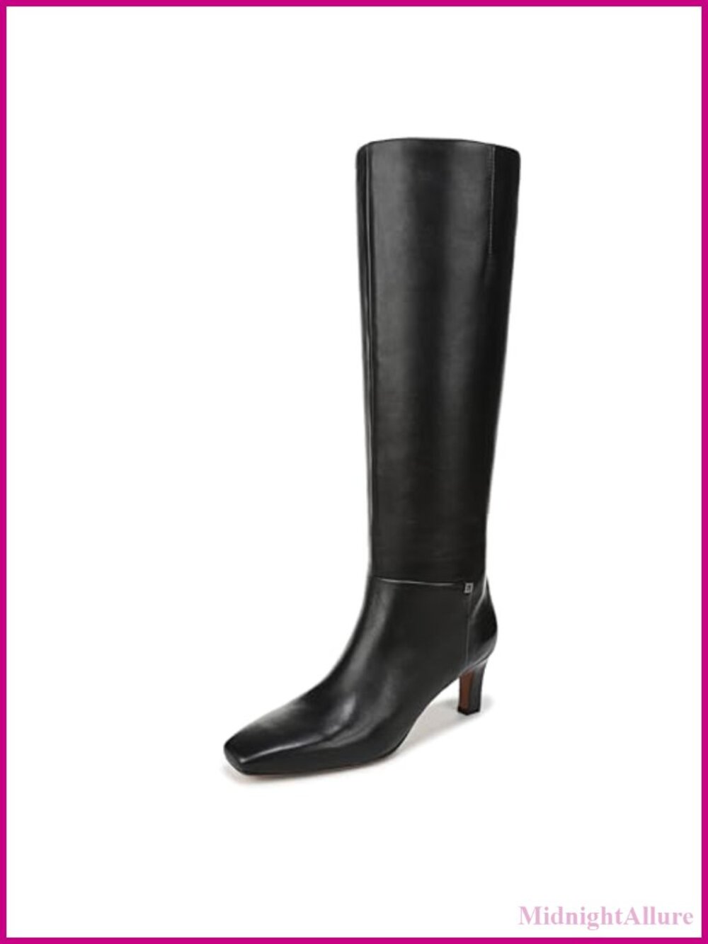 Leather Mid-Calf Boots Square Toe Side Zip Kitten Heel Equestrian